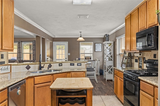 kitchen with crown molding, sink, black appliances, and plenty of natural light