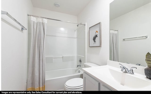 full bathroom with vanity, toilet, and shower / tub combo with curtain