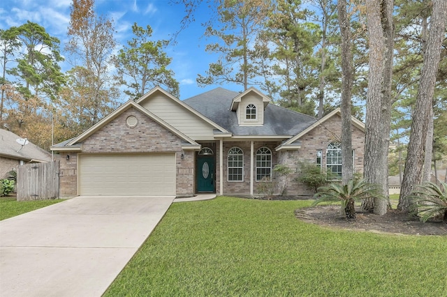 view of front of property featuring driveway, a front lawn, roof with shingles, a garage, and brick siding