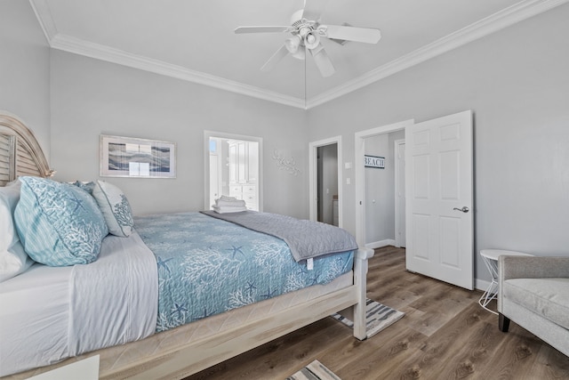 bedroom featuring wood-type flooring, ceiling fan, and ornamental molding