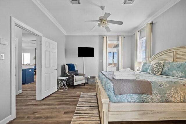 bedroom featuring crown molding, ceiling fan, and dark wood-type flooring