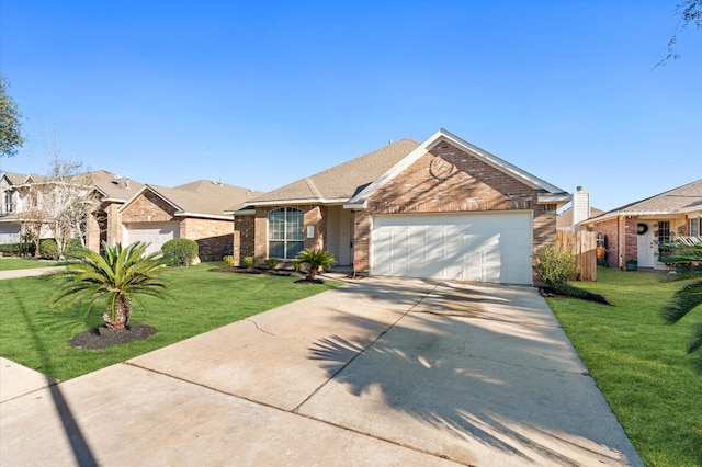 ranch-style home featuring a front lawn and a garage