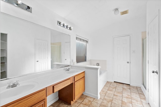 bathroom featuring shower with separate bathtub, vanity, and lofted ceiling