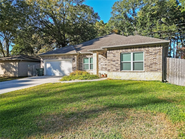 single story home with a front lawn and a garage