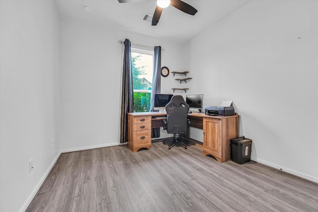 office space with ceiling fan and light wood-type flooring