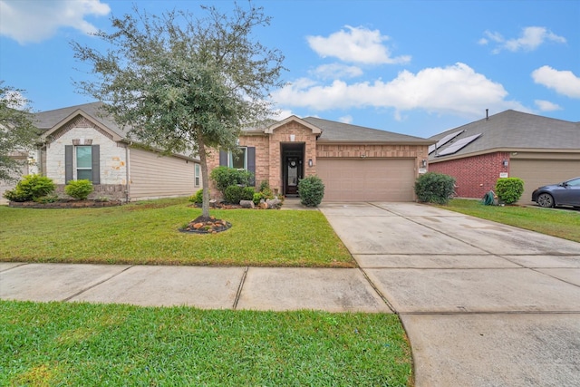 ranch-style home featuring a front lawn and a garage