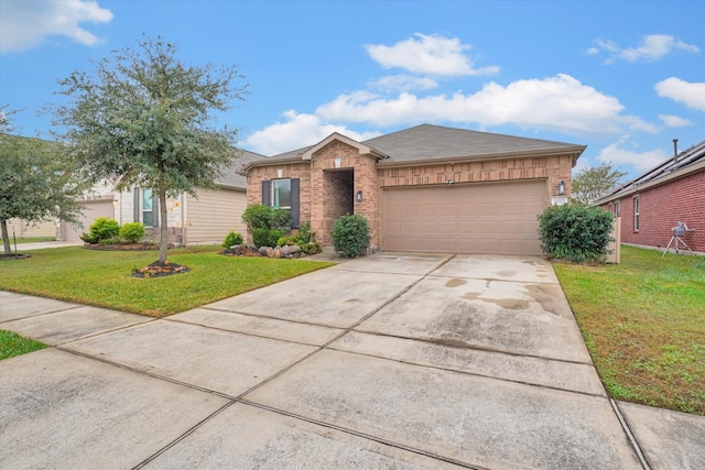 ranch-style home featuring a garage and a front lawn