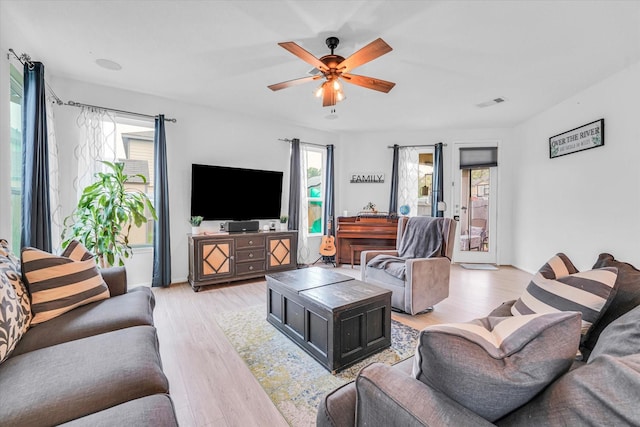 living room featuring ceiling fan and light hardwood / wood-style floors