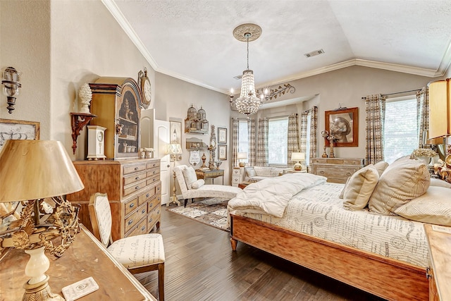 bedroom featuring vaulted ceiling, ornamental molding, hardwood / wood-style flooring, and visible vents