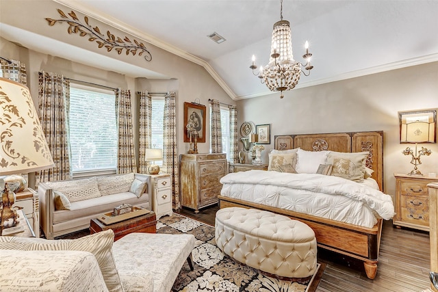 bedroom featuring an inviting chandelier, dark hardwood / wood-style floors, vaulted ceiling, and crown molding