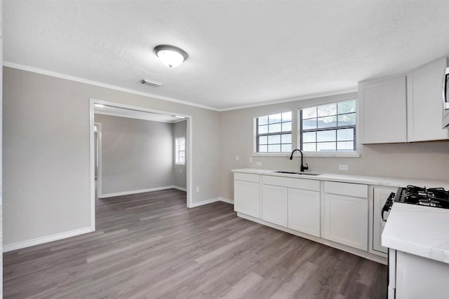 kitchen with white cabinetry, sink, light hardwood / wood-style flooring, a textured ceiling, and ornamental molding