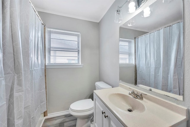 bathroom with toilet, vanity, a healthy amount of sunlight, and hardwood / wood-style flooring