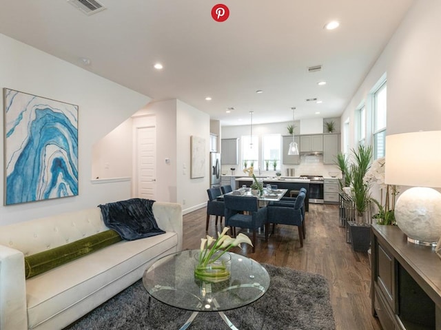 living room featuring a wealth of natural light and dark hardwood / wood-style floors