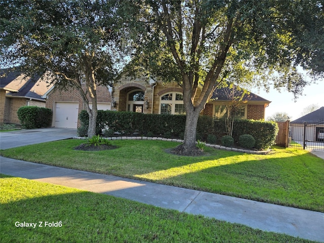 view of front of house with a garage and a front lawn