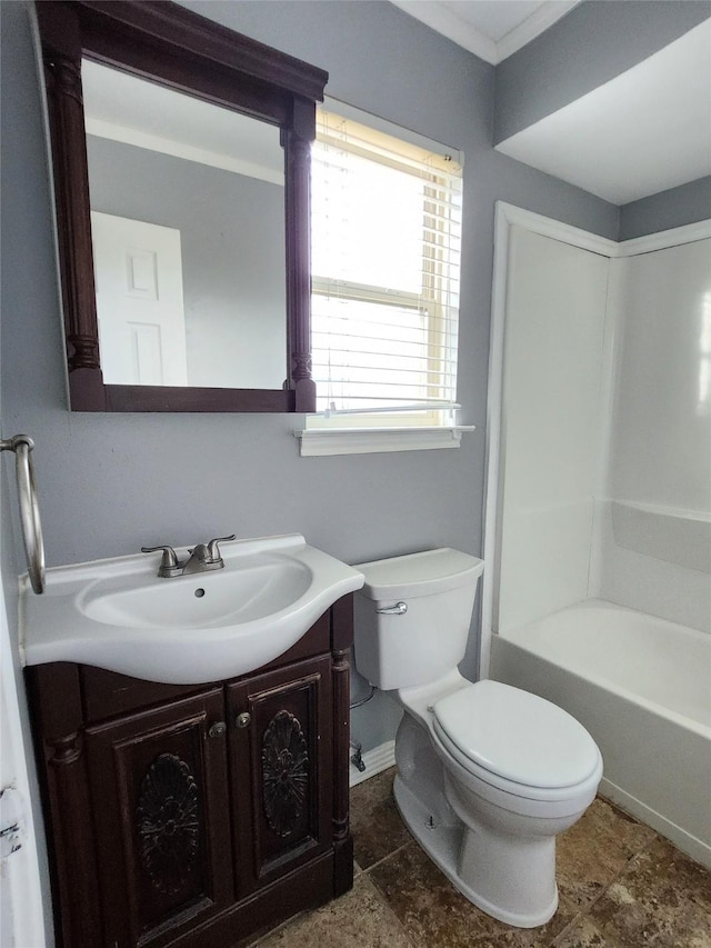 full bathroom featuring bathtub / shower combination, vanity, and toilet