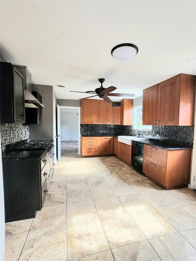 kitchen with ceiling fan, sink, black dishwasher, and tasteful backsplash