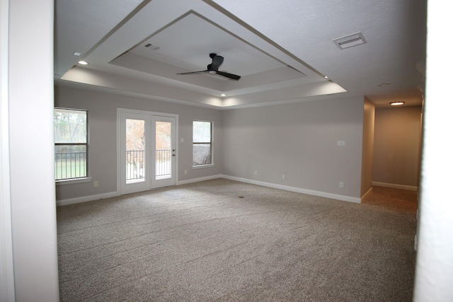 spare room featuring carpet flooring, a tray ceiling, a wealth of natural light, and ceiling fan