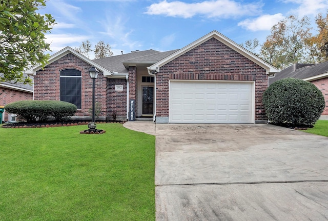 single story home featuring a garage and a front yard