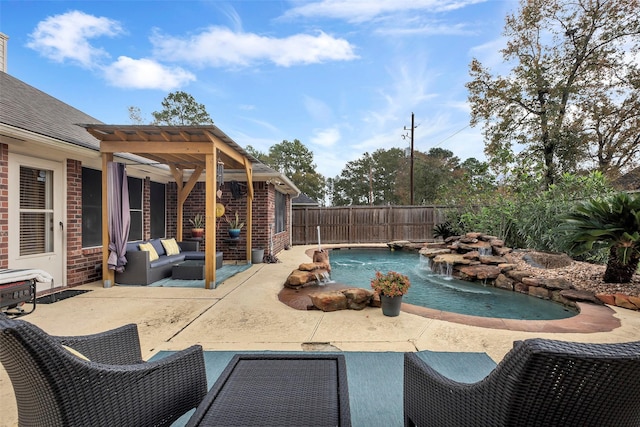 view of pool featuring a pergola, outdoor lounge area, pool water feature, and a patio