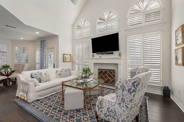 living room featuring plenty of natural light, dark wood-type flooring, and high vaulted ceiling