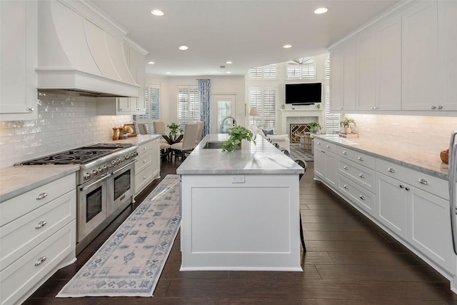 kitchen with tasteful backsplash, custom range hood, sink, double oven range, and a kitchen island