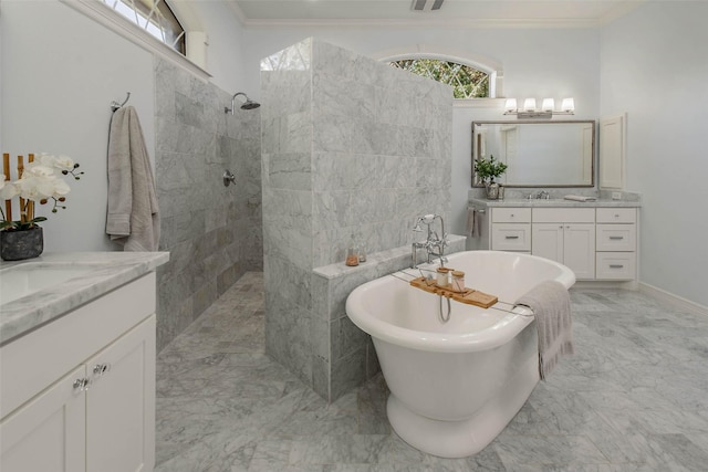 bathroom with crown molding, vanity, and shower with separate bathtub