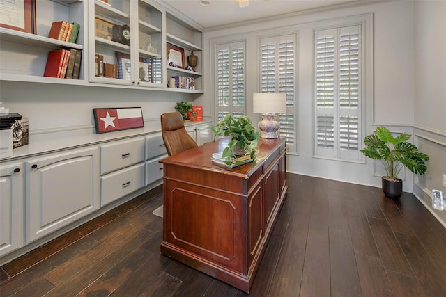 office space featuring crown molding and dark hardwood / wood-style floors