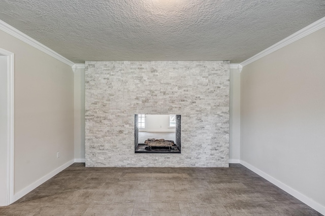 unfurnished living room featuring crown molding and a textured ceiling