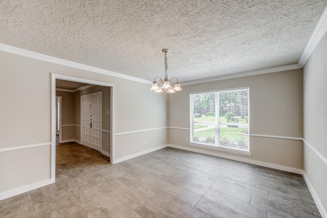 unfurnished room featuring light wood-type flooring, ornamental molding, a textured ceiling, and an inviting chandelier