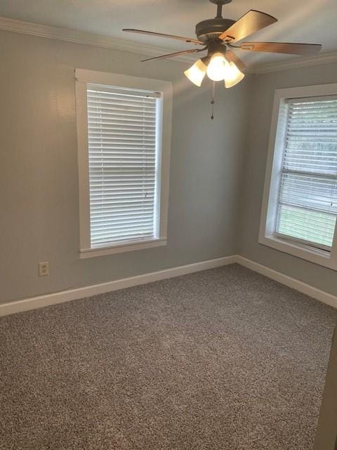 carpeted empty room featuring crown molding and ceiling fan