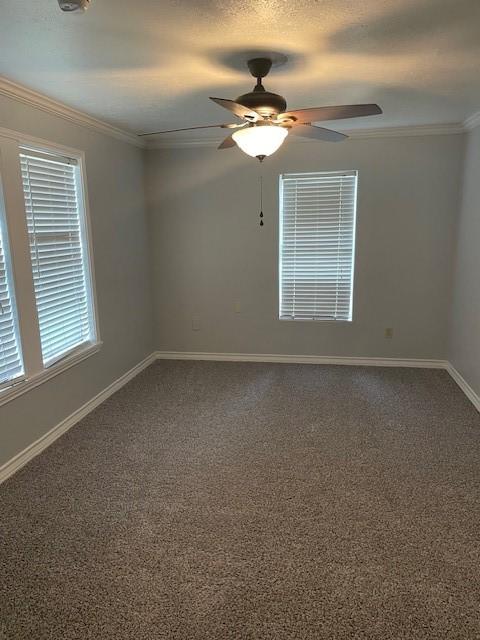 carpeted spare room with crown molding and ceiling fan