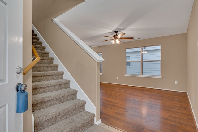 staircase featuring hardwood / wood-style flooring and ceiling fan