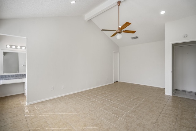 interior space with high vaulted ceiling, ensuite bathroom, ceiling fan, built in desk, and beam ceiling