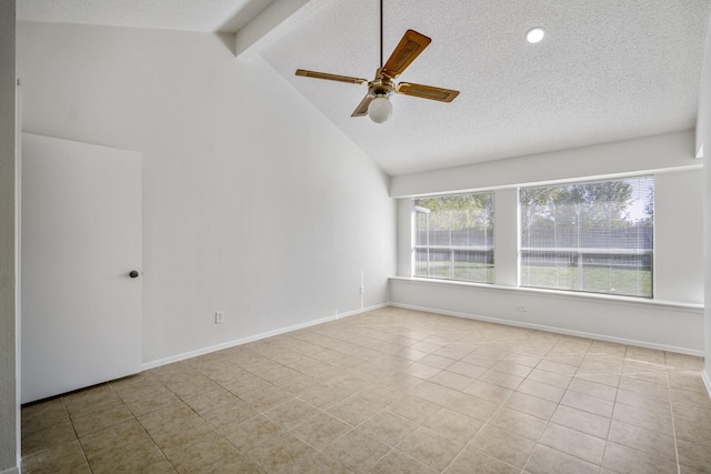 tiled empty room with beamed ceiling, a textured ceiling, high vaulted ceiling, and ceiling fan