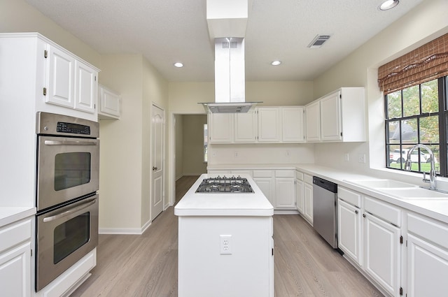 kitchen featuring white cabinetry, island range hood, a center island, and stainless steel appliances