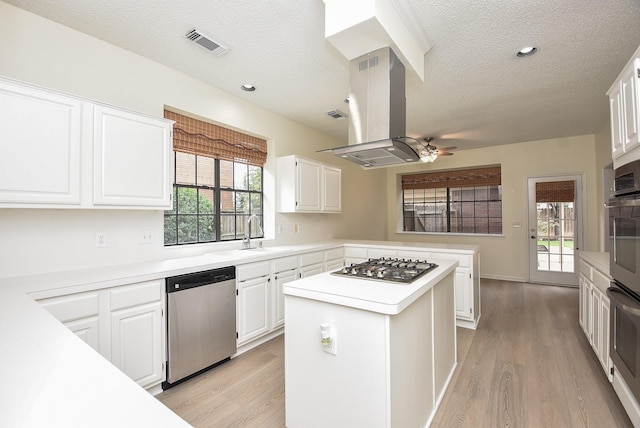 kitchen featuring a center island, white cabinets, sink, island exhaust hood, and stainless steel appliances