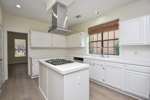 kitchen with white cabinets, island range hood, a kitchen island, and appliances with stainless steel finishes