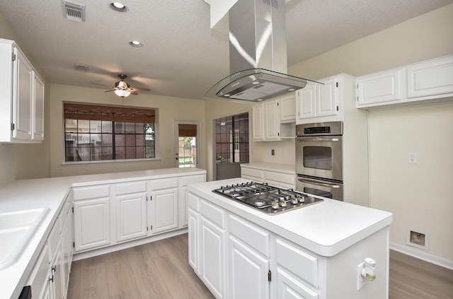 kitchen with light hardwood / wood-style flooring, white cabinetry, island exhaust hood, and stainless steel appliances