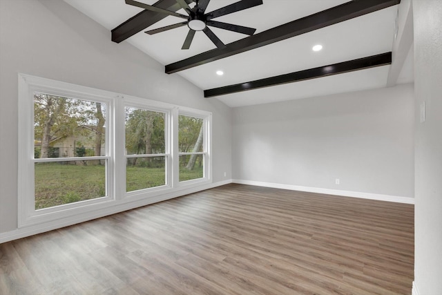 unfurnished living room with hardwood / wood-style floors, lofted ceiling with beams, and ceiling fan