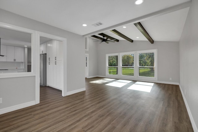 unfurnished living room with dark hardwood / wood-style flooring, vaulted ceiling with beams, and ceiling fan