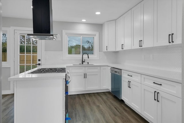 kitchen featuring sink, stainless steel dishwasher, dark hardwood / wood-style floors, white cabinetry, and island exhaust hood