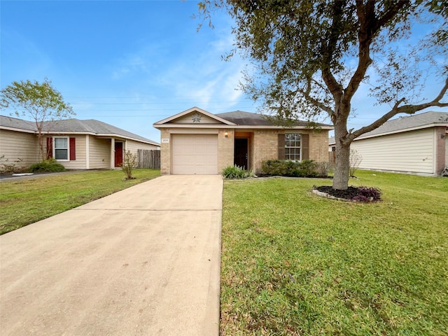 single story home featuring a front yard and a garage