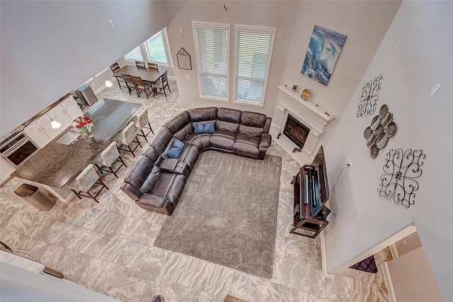 living room with a towering ceiling