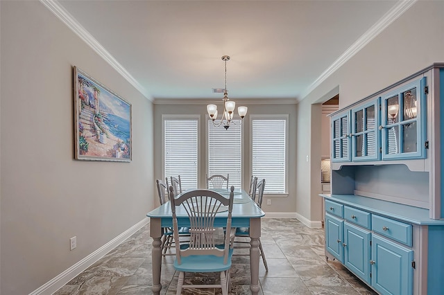 dining space featuring an inviting chandelier and crown molding