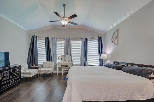 bedroom with dark hardwood / wood-style floors, vaulted ceiling, ceiling fan, and ornamental molding