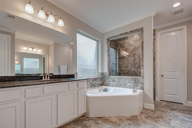 bathroom with shower with separate bathtub, vanity, and ornamental molding