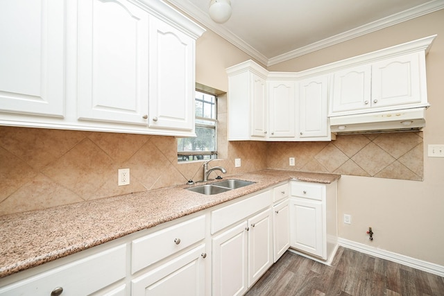 kitchen with sink, dark hardwood / wood-style floors, ornamental molding, tasteful backsplash, and white cabinetry