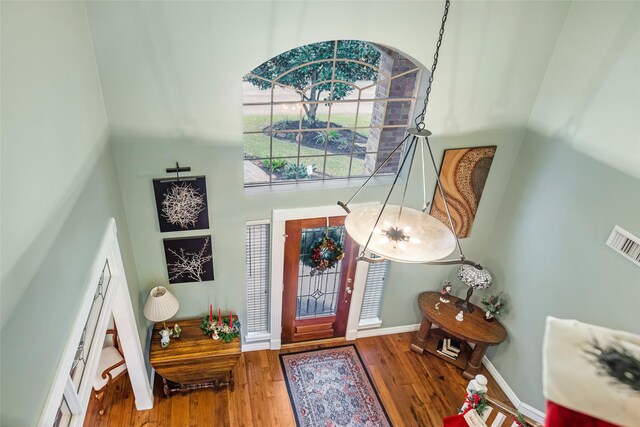 foyer with wood-type flooring and a high ceiling