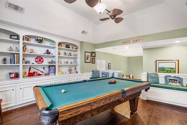 playroom featuring ceiling fan, dark hardwood / wood-style floors, and billiards