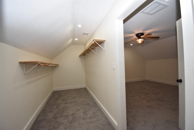 spacious closet with carpet, ceiling fan, and lofted ceiling